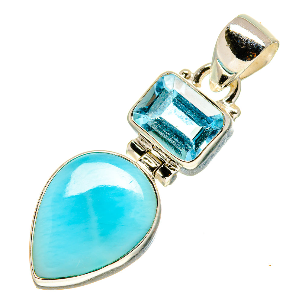 Sterling silver pendant with light blue teardrop stone and blue square gemstone