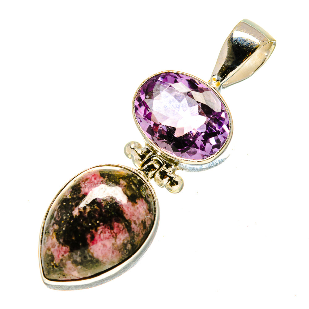 Sterling silver pendant with oval purple amethyst and green-pink rhodonite stones
