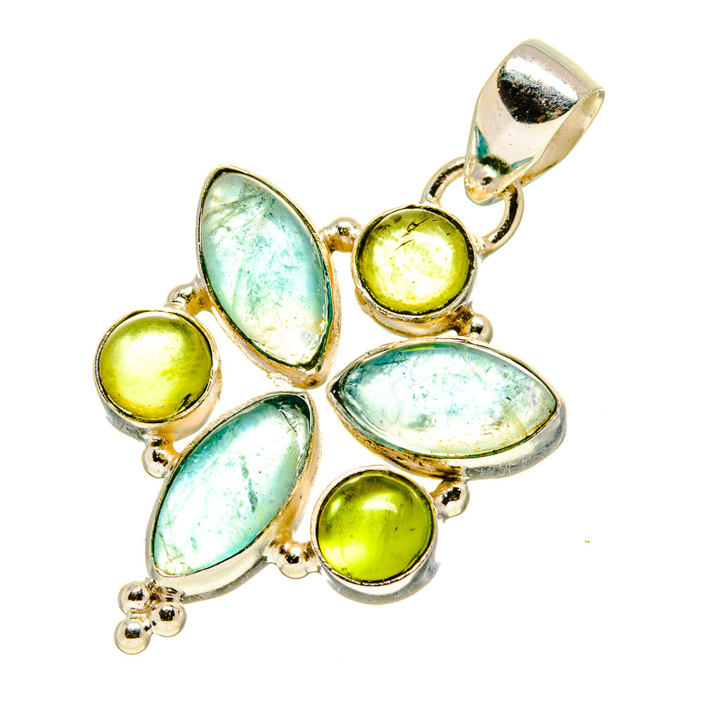 Sterling silver pendant with blue-green oval stones and lime green round cabochons