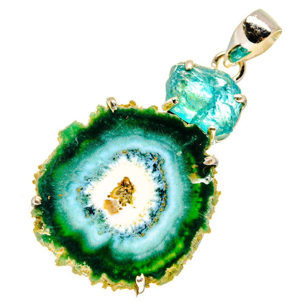Solar quartz and fluorite pendant with round green-blue slice, silver prongs and bail.