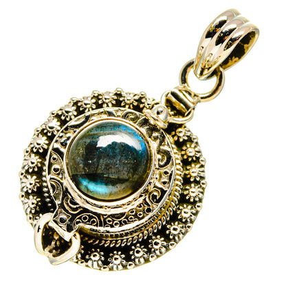 Sterling silver poison-style pendant with blue-green labradorite cabochon, ornate bezel