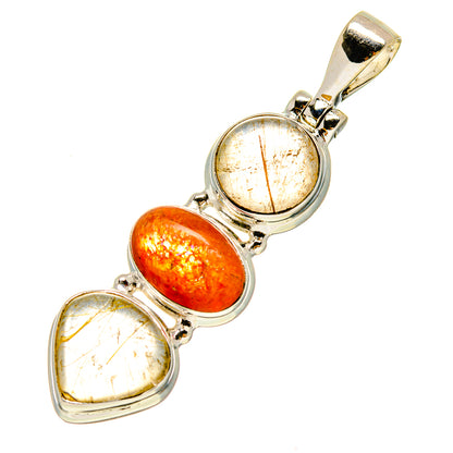 Sterling silver pendant bail with three cabochon stones: orange, clear, and gold rutilated.