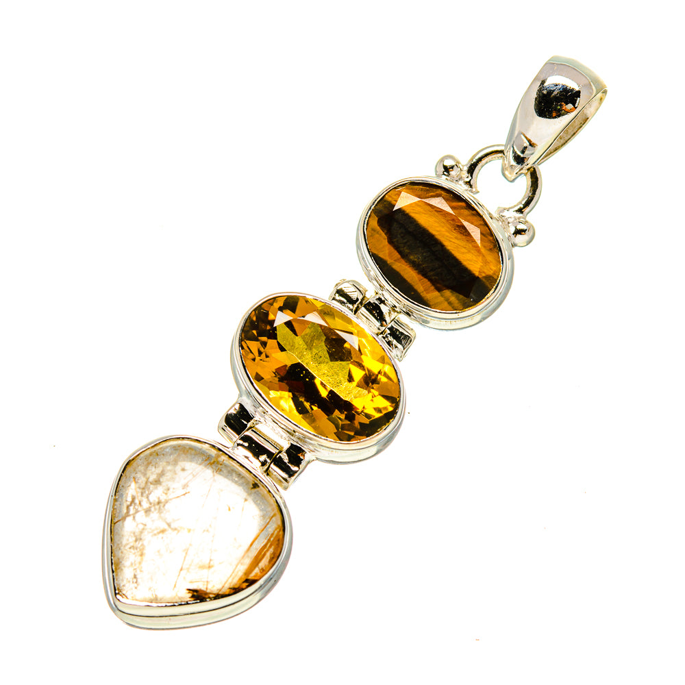 Sterling silver gemstone pendant with oval citrine, tiger eye, and rutilated quartz stones