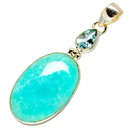 Oval Amazonite pendant with blue topaz drop and 925 sterling silver bail.