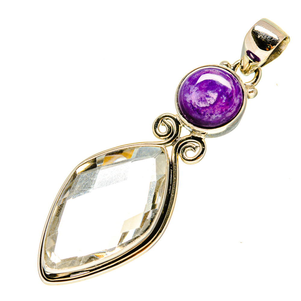 Sterling silver pendant with round purple gemstone, faceted clear teardrop, bail