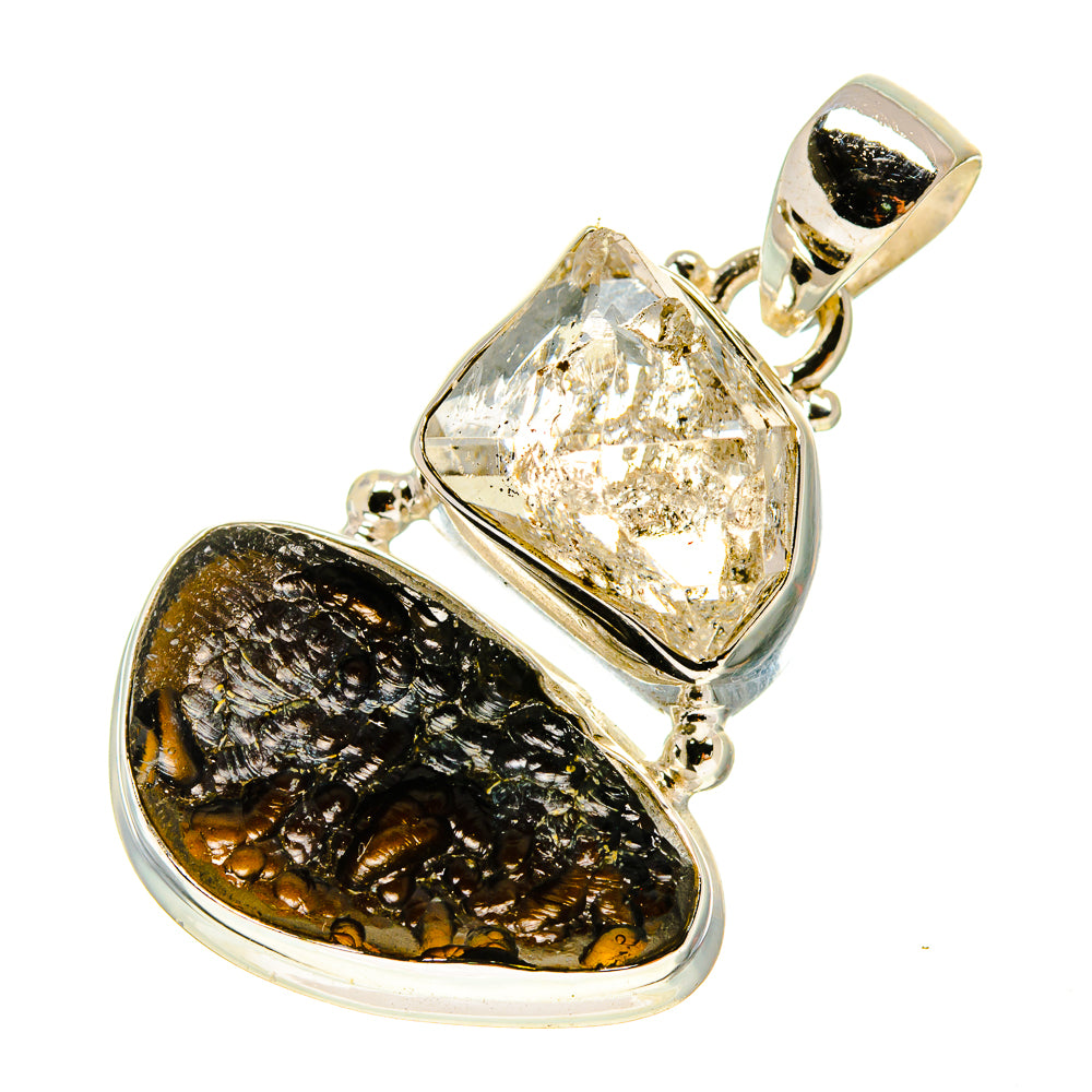Sterling silver pendant with gold-brown tektite and clear diamond-cut crystal