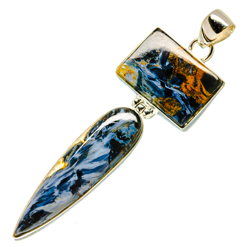 Pietersite pendant with rectangular blue-gold stone and elongated teardrop stone in silver