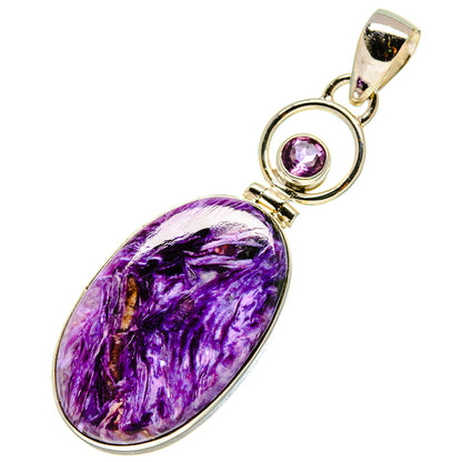 Charoite and amethyst pendant on sterling silver bail, large purple oval stone