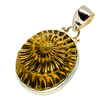 Sterling silver pyrite ammonite pendant with gold-toned round fossil face and bail loop