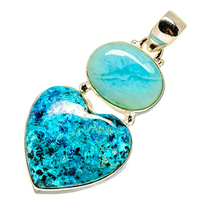 Two-heart pendant with oval blue larimar and textured shattuckite stones in 925 sterling silver