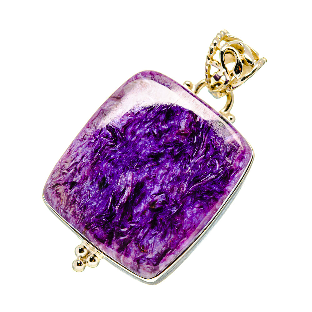 Charoite pendant in purple cushion-cut stone with gold-tone bail and 925 silver frame