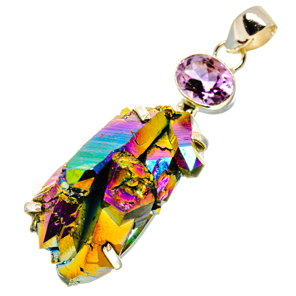 Silver pendant with iridescent rainbow druzy crystal and round-edged oval amethyst cabochon