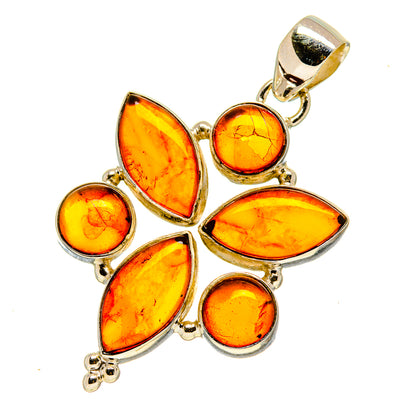 Sterling silver amber pendant with yellow marquise and round cabochon stones, top bail