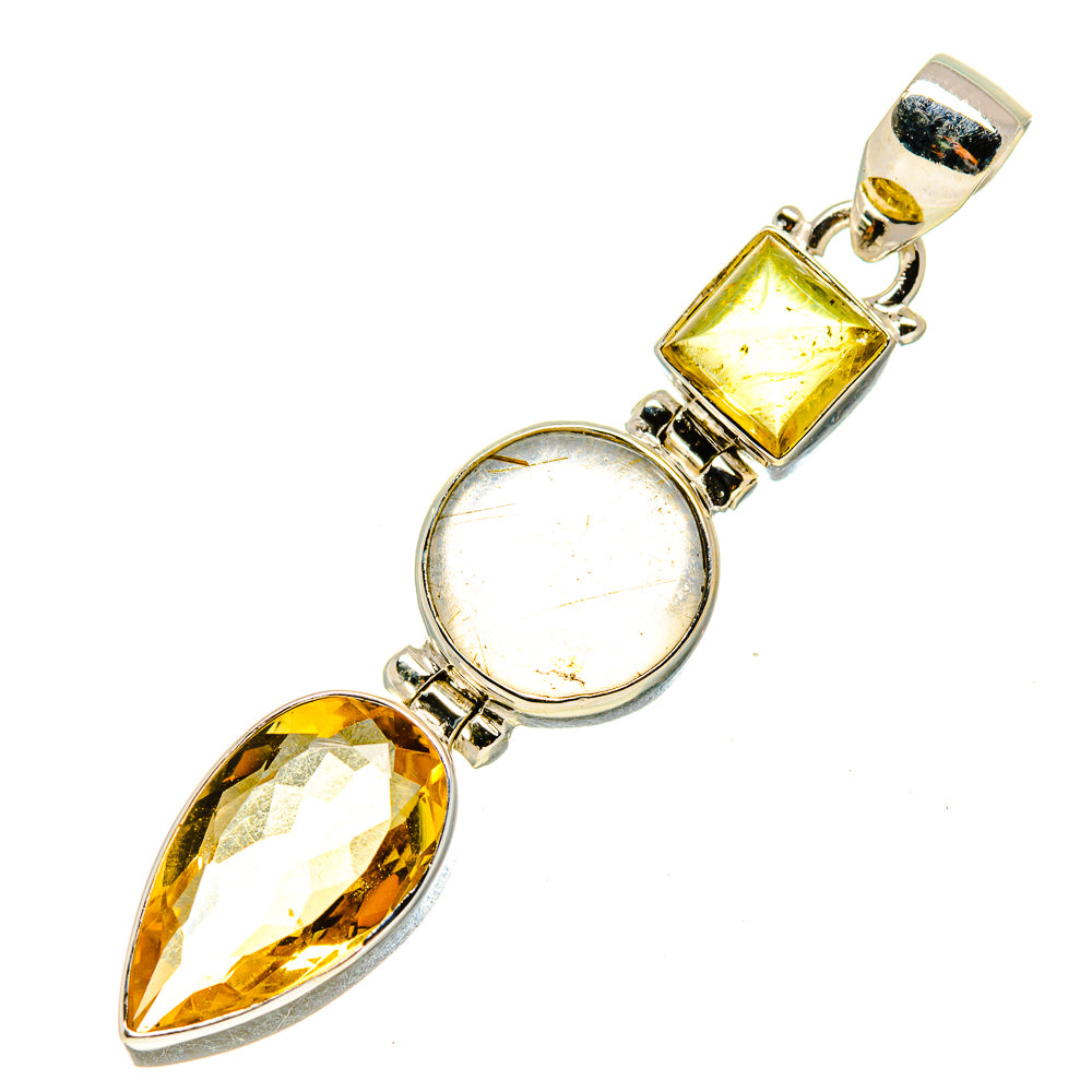 Sterling silver pendant with pear citrine and round white stone, plus square citrine topper