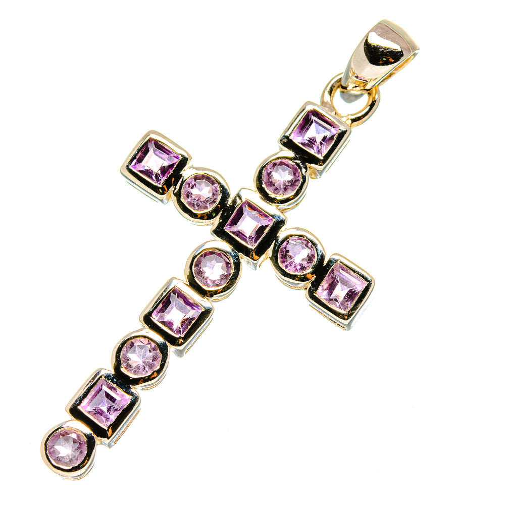 Silver cross pendant with alternating purple-pink square and round faceted stones