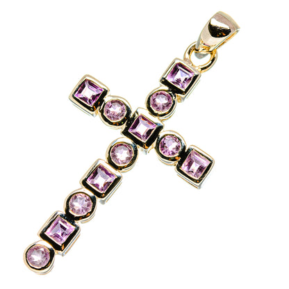 Silver cross pendant with alternating purple-pink square and round faceted stones