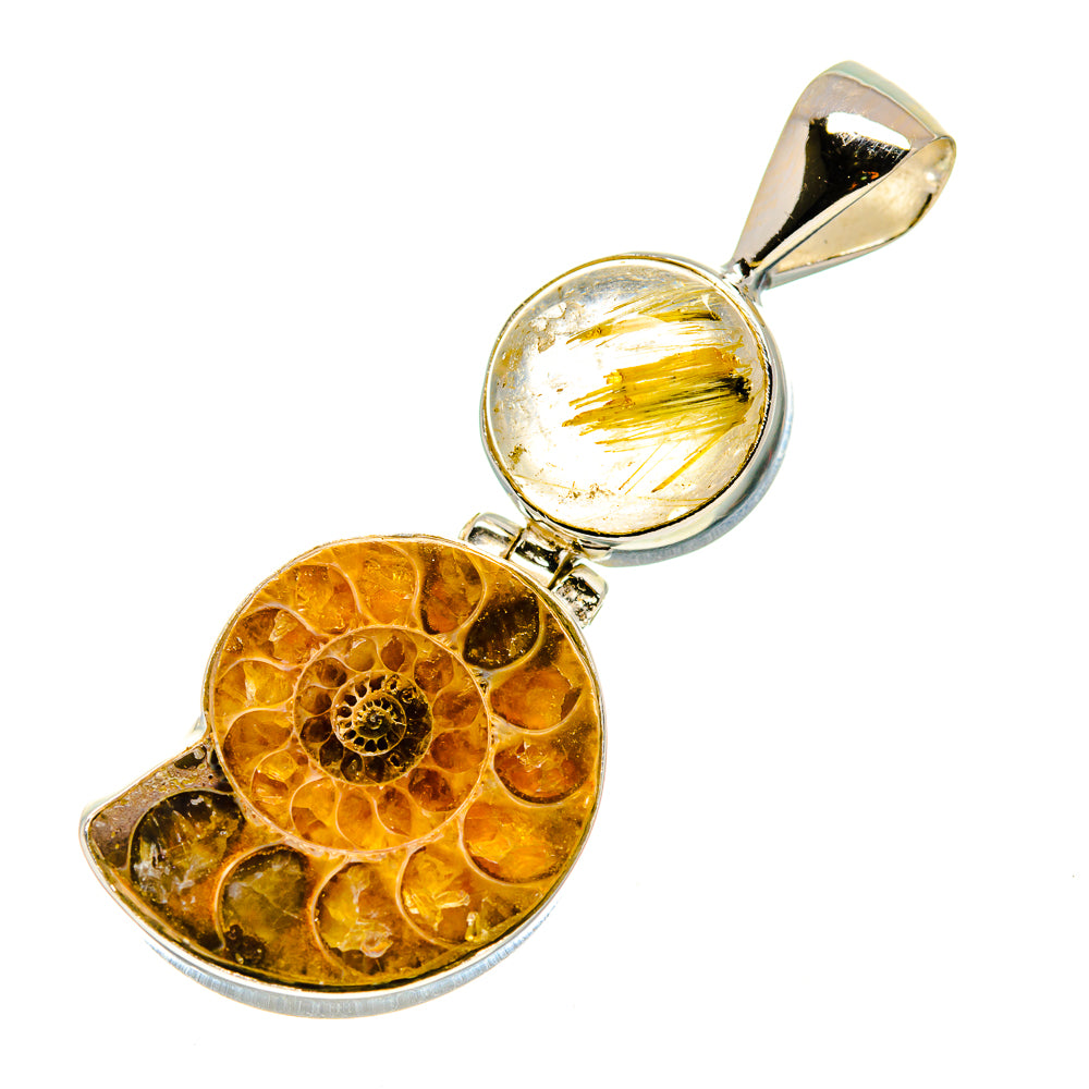 Sterling silver pendant with rutilated quartz oval and ammonite fossil charm, loop bail