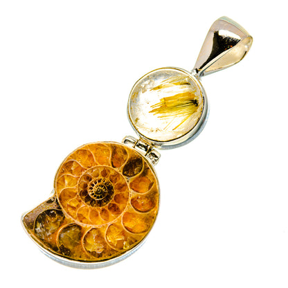 Sterling silver pendant with rutilated quartz oval and ammonite fossil charm, loop bail