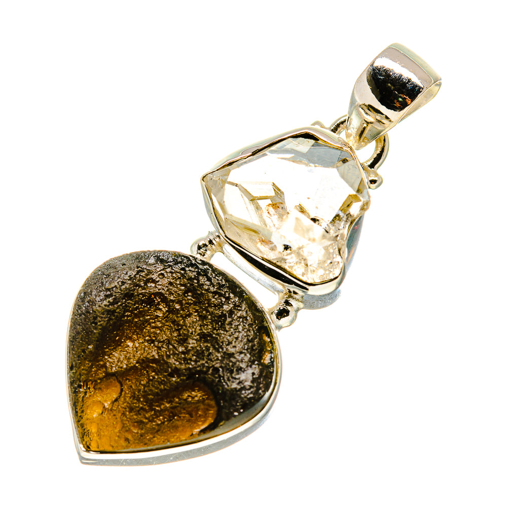 Sterling silver pendant with black-and-gold tektite heart and clear square stone top