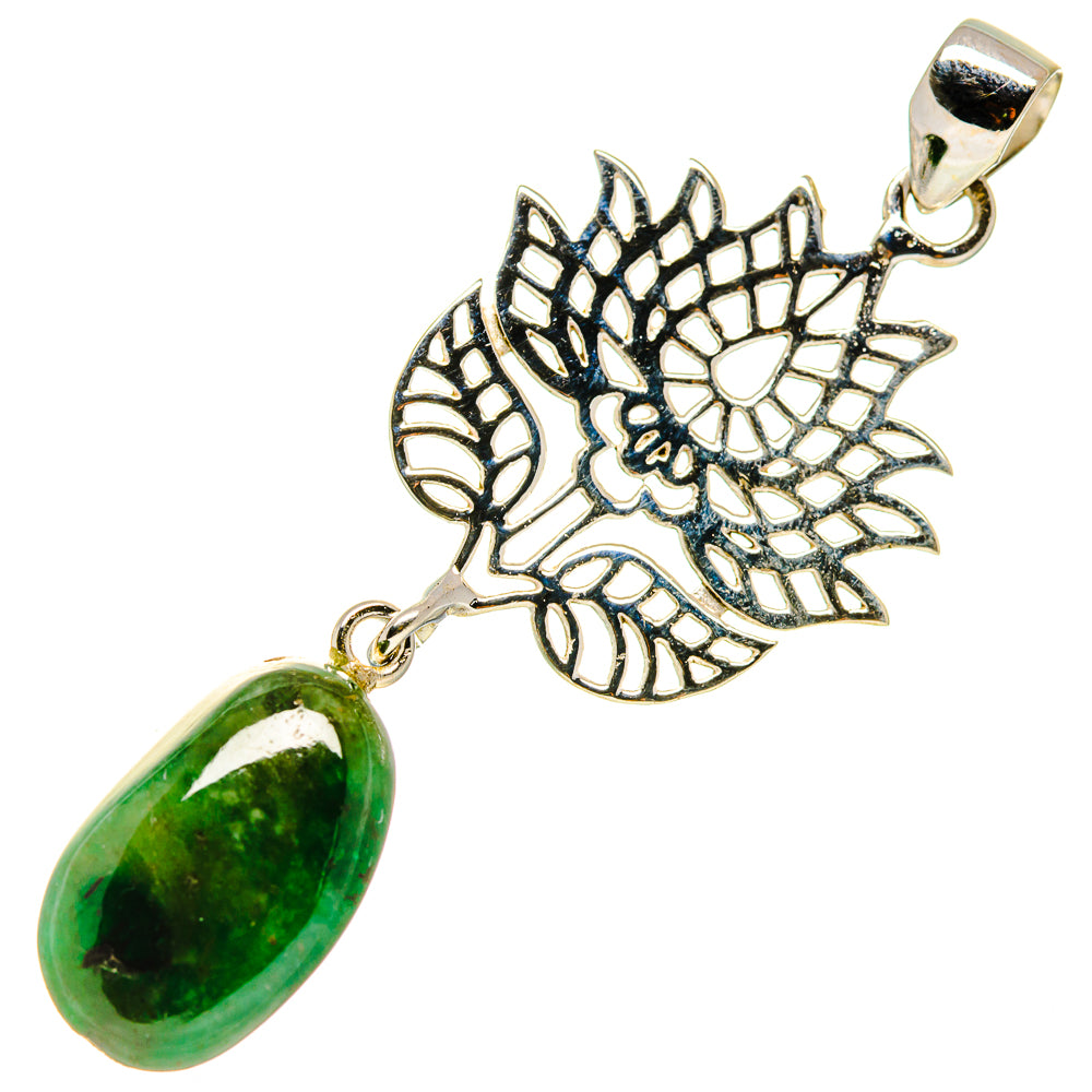 Sterling silver aventurine drop pendant with leaf filigree design and bail