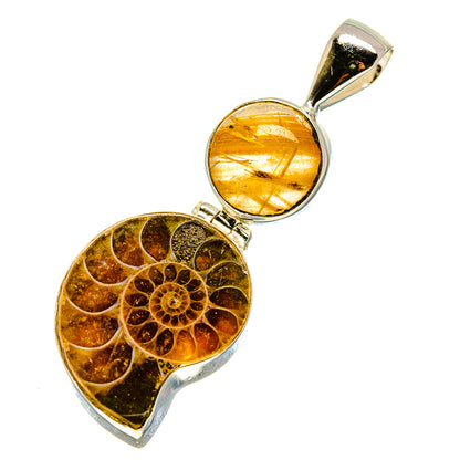 Sterling silver ammonite-style pendant with gold rutilated quartz and amber fossil pattern