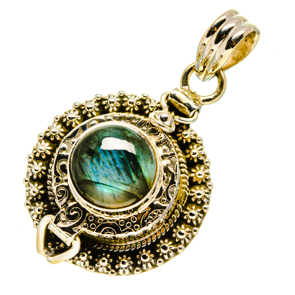 925 sterling silver labradorite poison pendant with round blue-green cabochon and ornate bezel