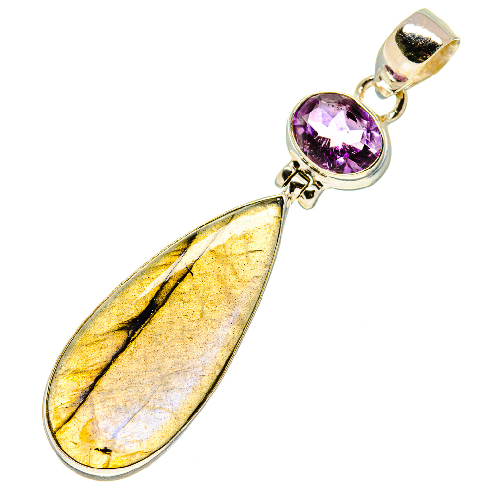 Amethyst and labradorite pendant, gold-tone setting with purple oval stone