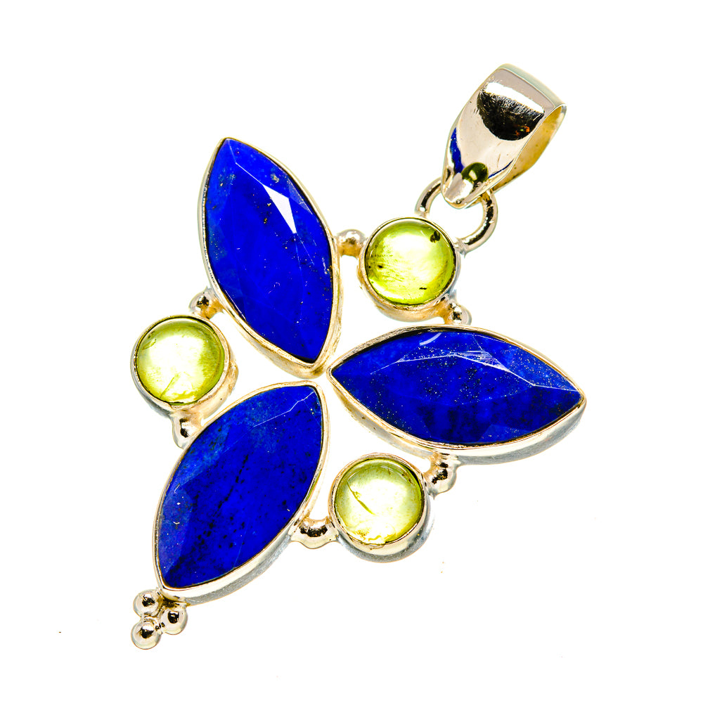 Lapis and peridot butterfly pendant with blue teardrop stones and green round accents in silver