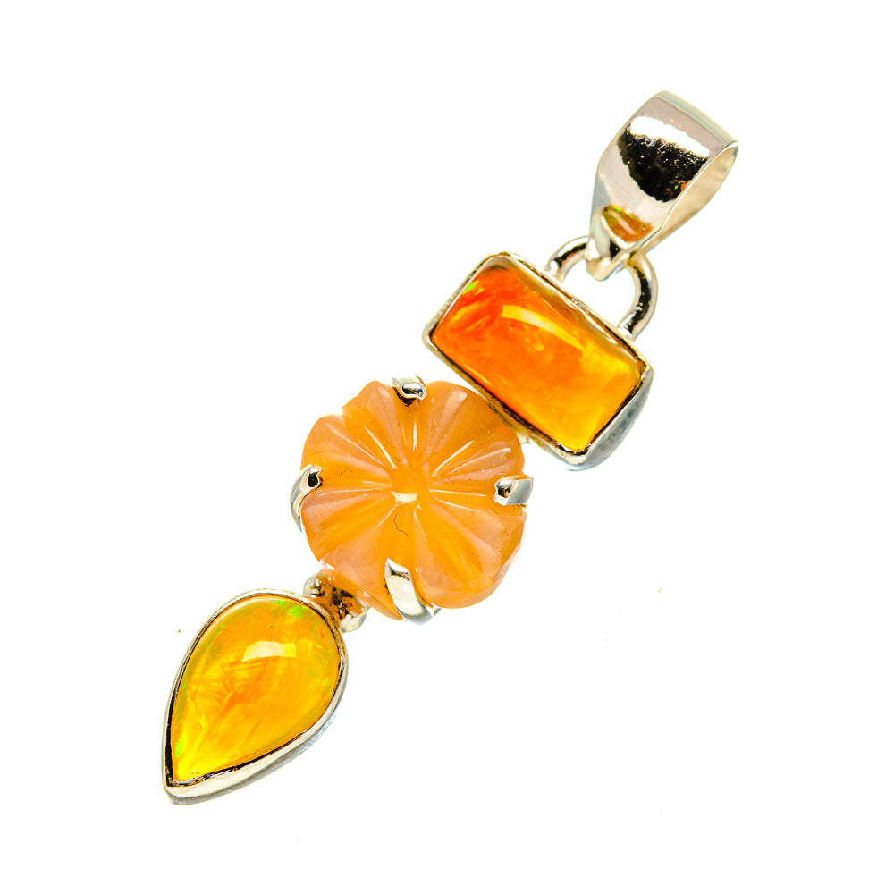 Orange opal pendant with square cabochon, flower stone, and teardrop drop in silver