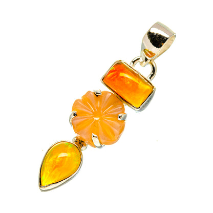 Orange opal pendant with square cabochon, flower stone, and teardrop drop in silver