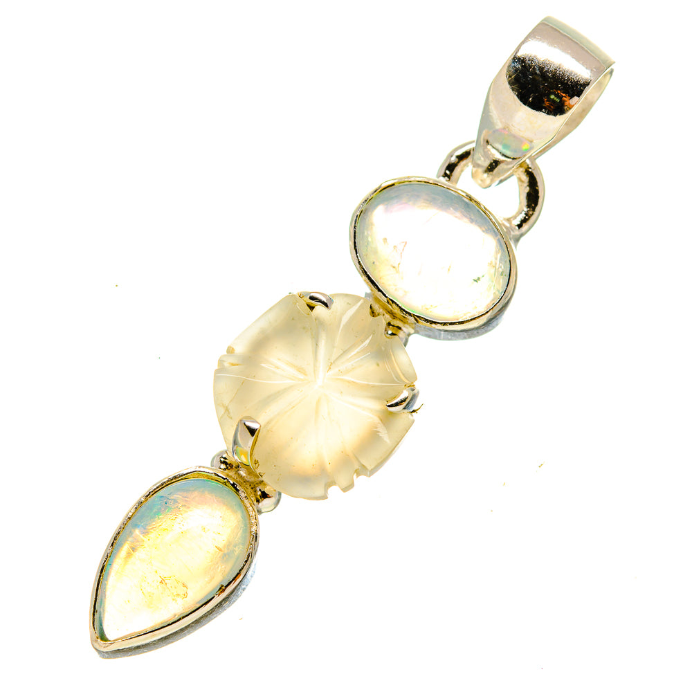 Sterling silver opal pendant with round light stone and pear-shaped moonstone, bezel set