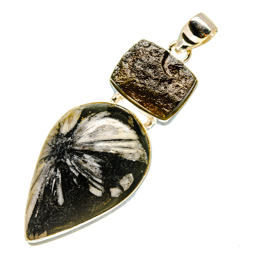 Sterling silver pendant with teardrop chrysanthemum stone and square tektite cap, bail loop