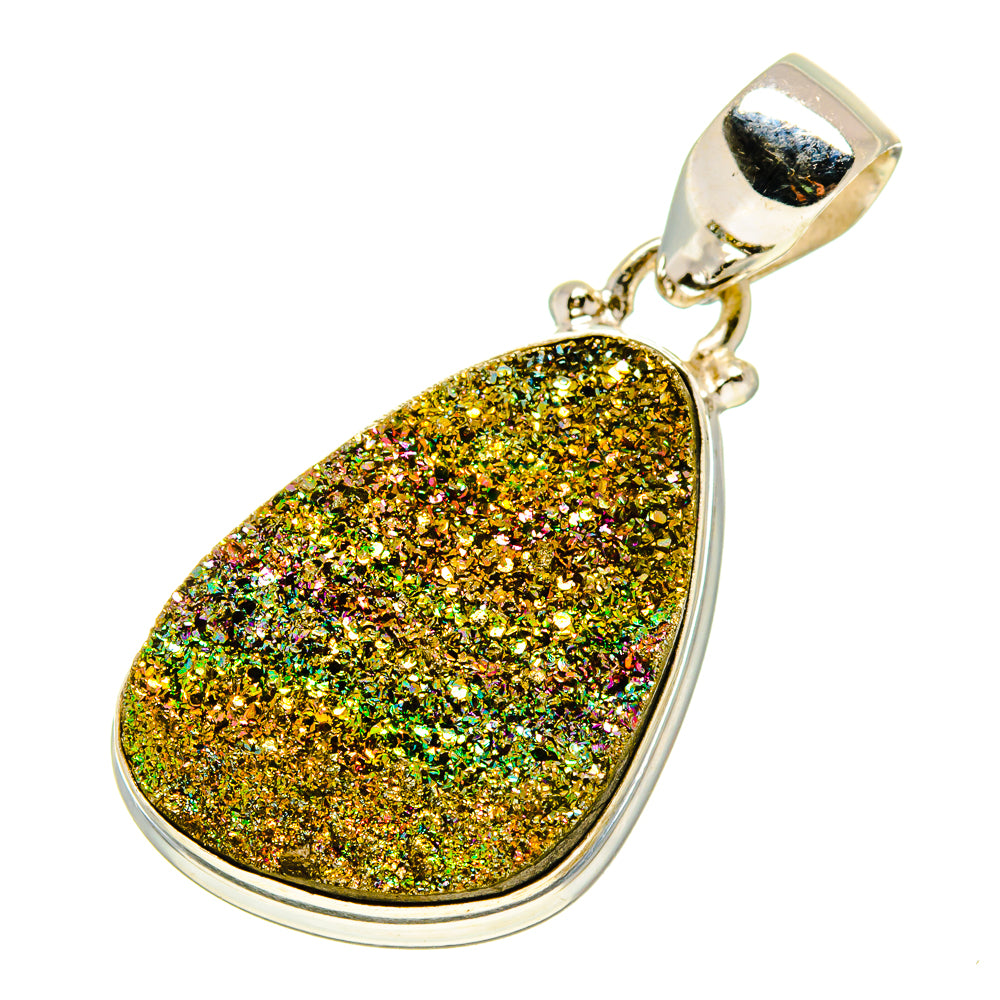 Sterling silver druzy pendant with teardrop gold green glitter stone and bail loop
