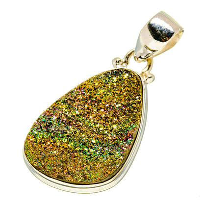 Sterling silver druzy pendant with teardrop gold green glitter stone and bail loop