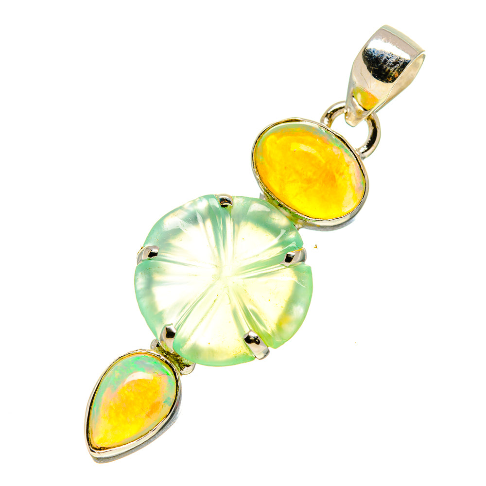 Opal pendant with three oval gemstones in silver bezels, aqua and yellow-green glow