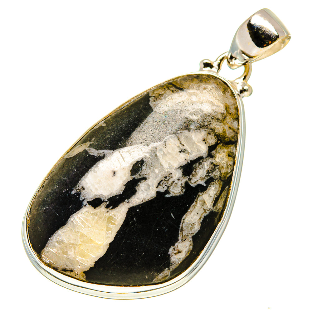 Teardrop stone pendant with black, gray, and gold-fleck marbled stone and silver bail