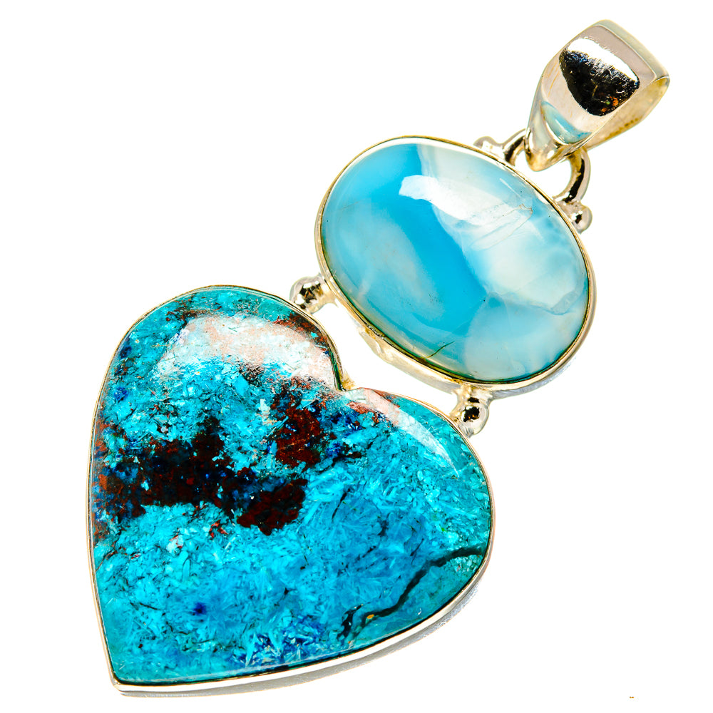 Shattuckite and Larimar heart pendant, 925 sterling silver, oval bezel setting