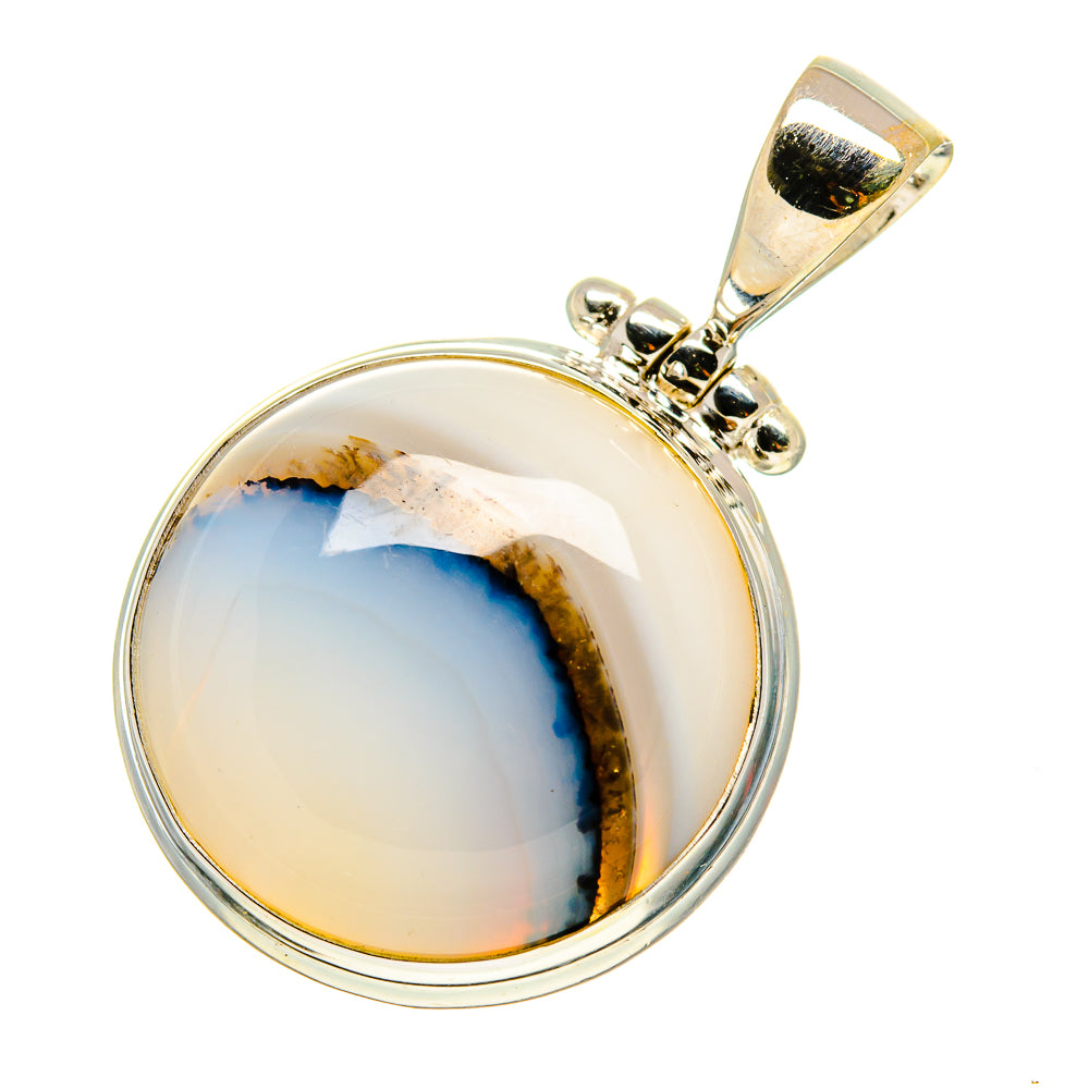 Sterling silver agate pendant, round cabochon with blue and gold band.