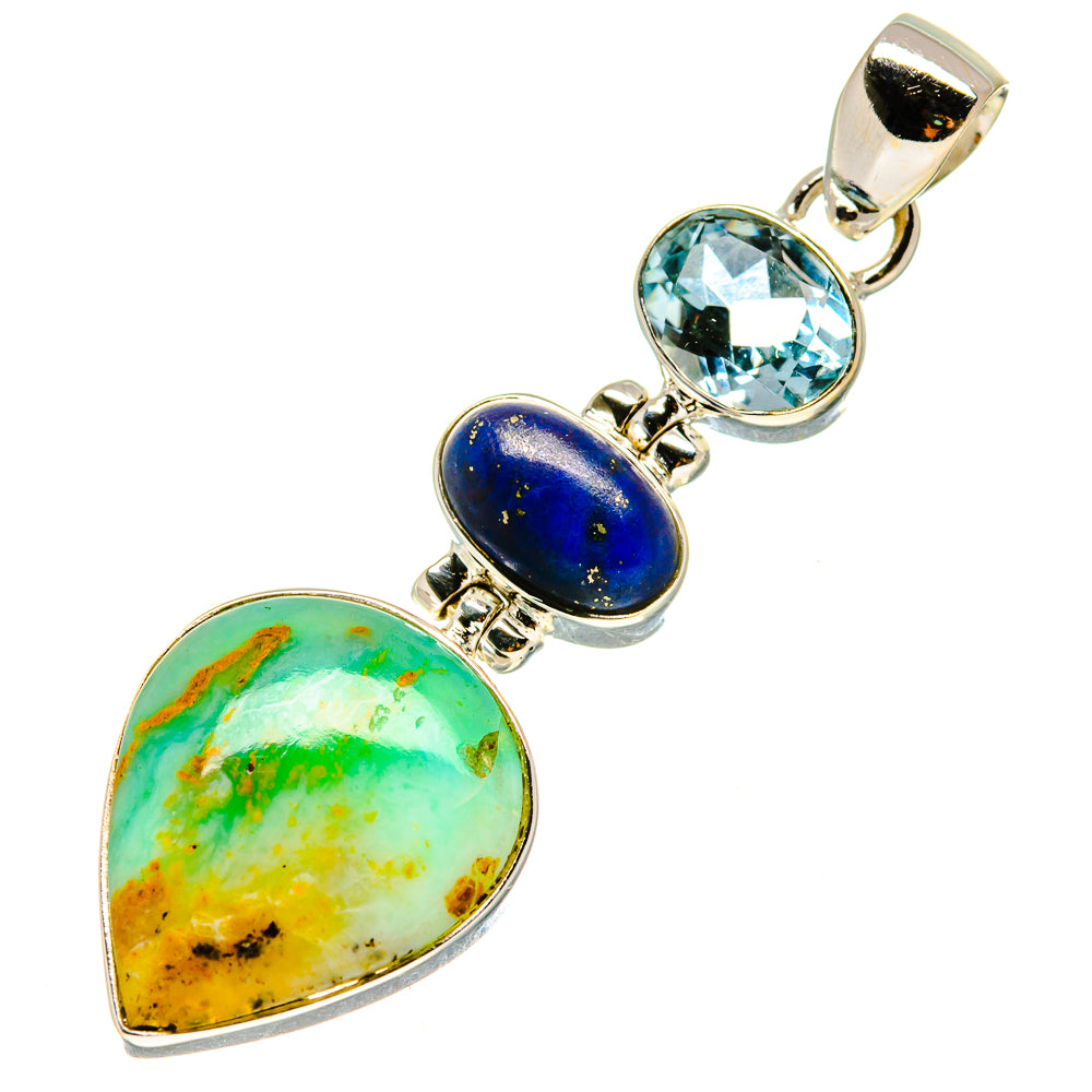 Sterling silver gemstone pendant with blue topaz and lapis lazuli, plus green opal teardrop