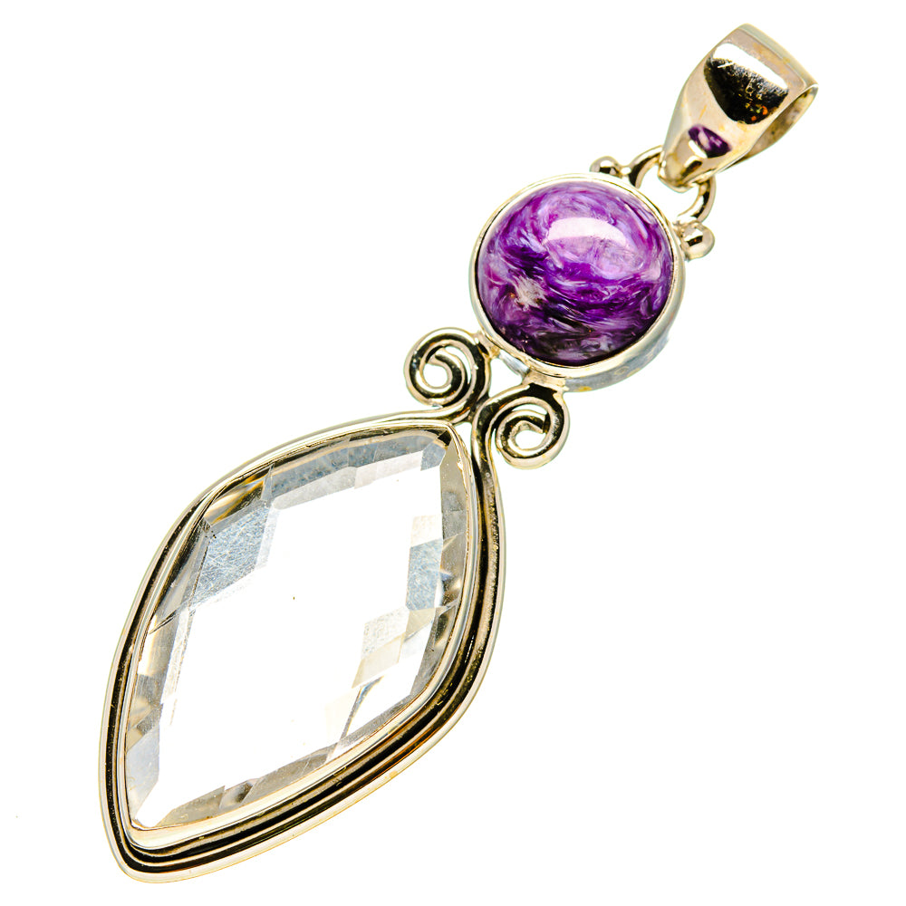 Sterling silver pendant with round purple charoite cabochon and faceted clear quartz drop