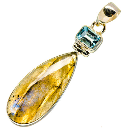 Sterling silver pendant with blue topaz and oval labradorite drop gemstone