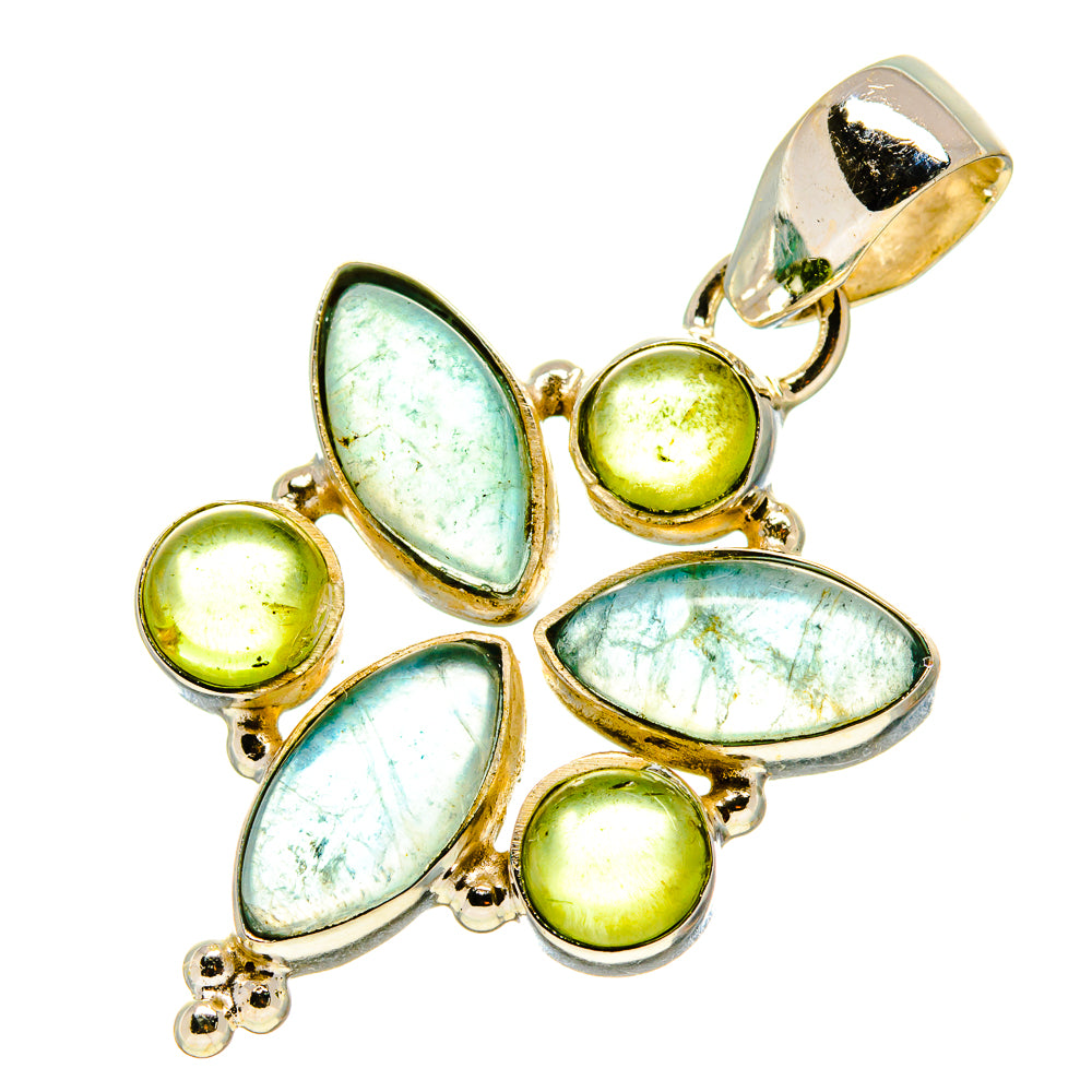 Sterling silver pendant with blue fluorite leaf stones and peridot green round stones, bail on top