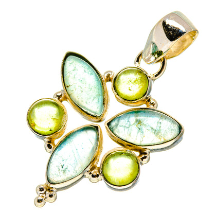 Sterling silver pendant with blue fluorite leaf stones and peridot green round stones, bail on top
