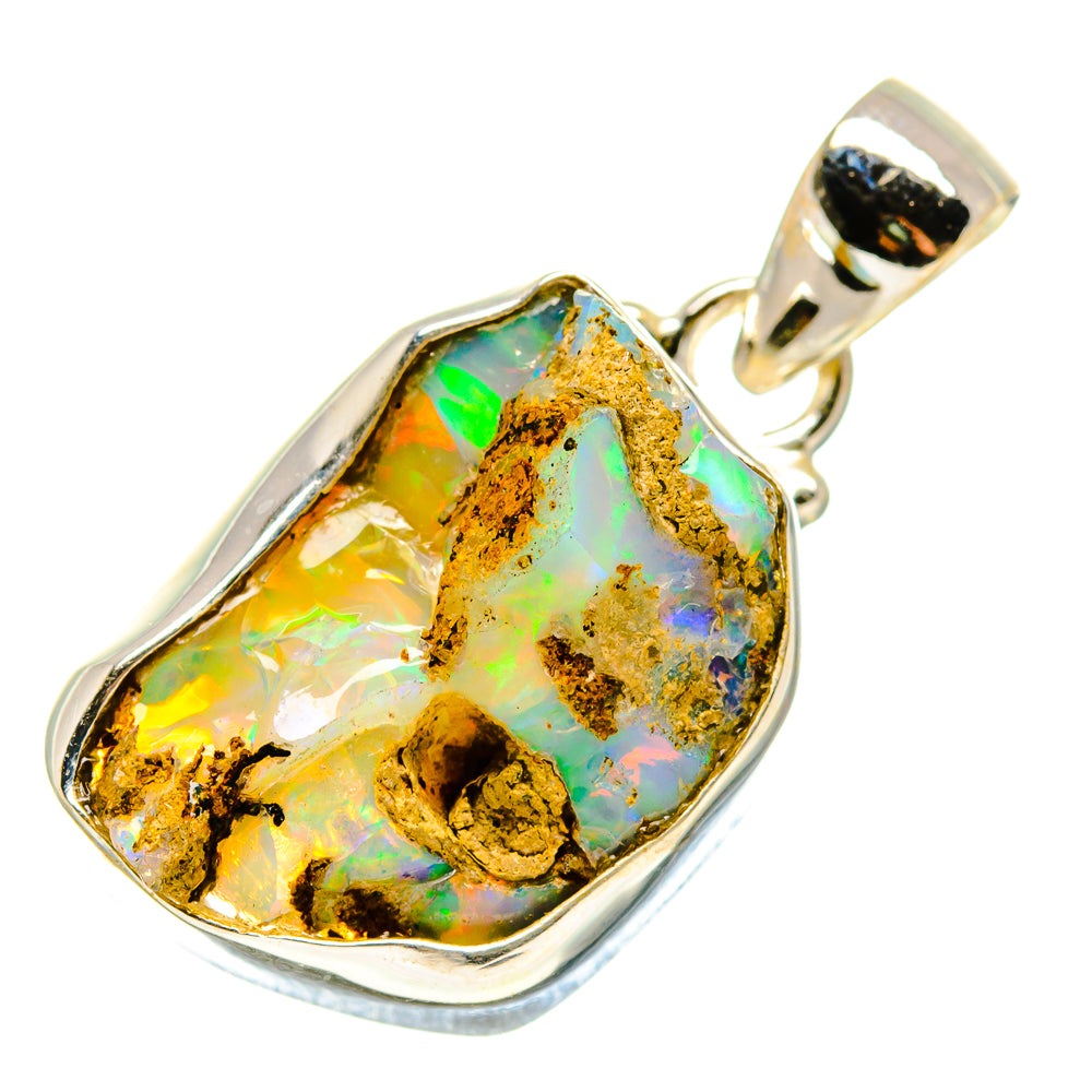 Rough opal pendant with bale, 925 sterling silver bezel; multicolor opal with gold