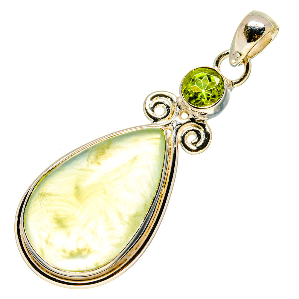 Sterling silver teardrop prehnite pendant with round green peridot stone