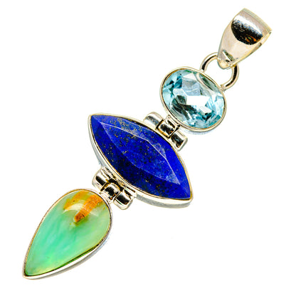 925 silver pendant with blue lapis marquise, light blue round stone, and green opal drop