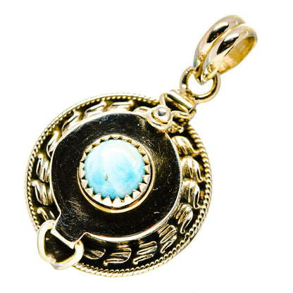 Round larimar pendant with blue cabochon, ornate silver bezel and hanging bail