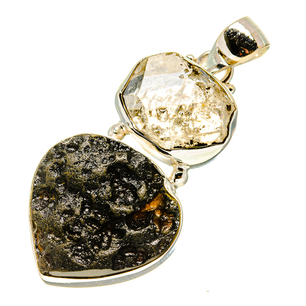 Heart-shaped sterling silver pendant with clear Herkimer diamond and black tektite