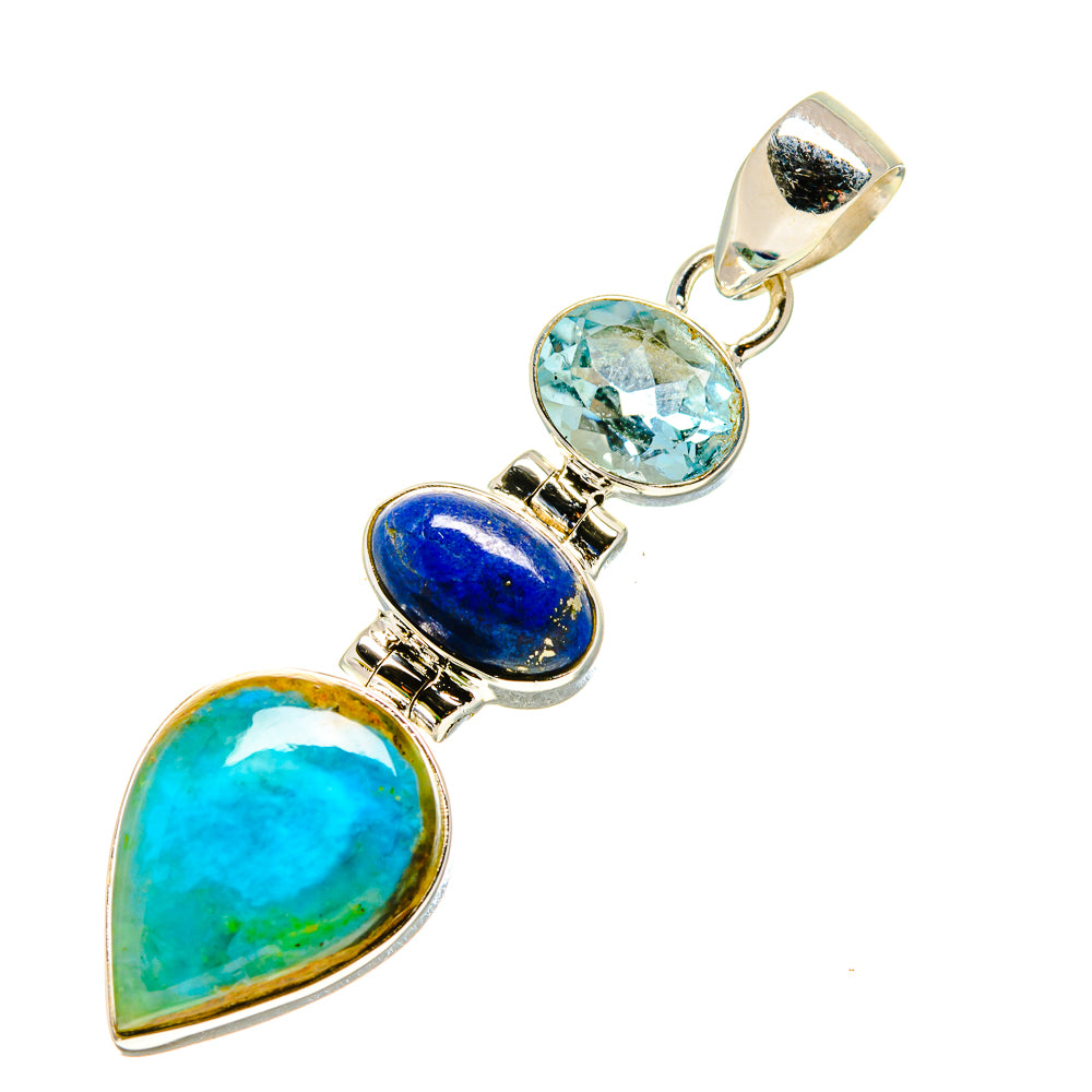Sterling silver pendant with teal opal, dark blue lapis, and light blue topaz teardrops