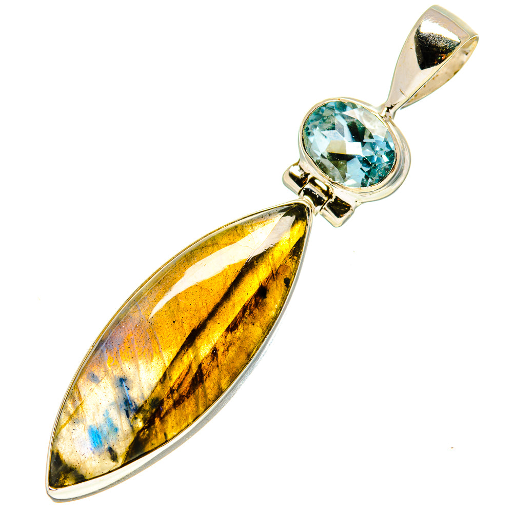 Sterling silver pendant with blue topaz and iridescent labradorite elongated stone